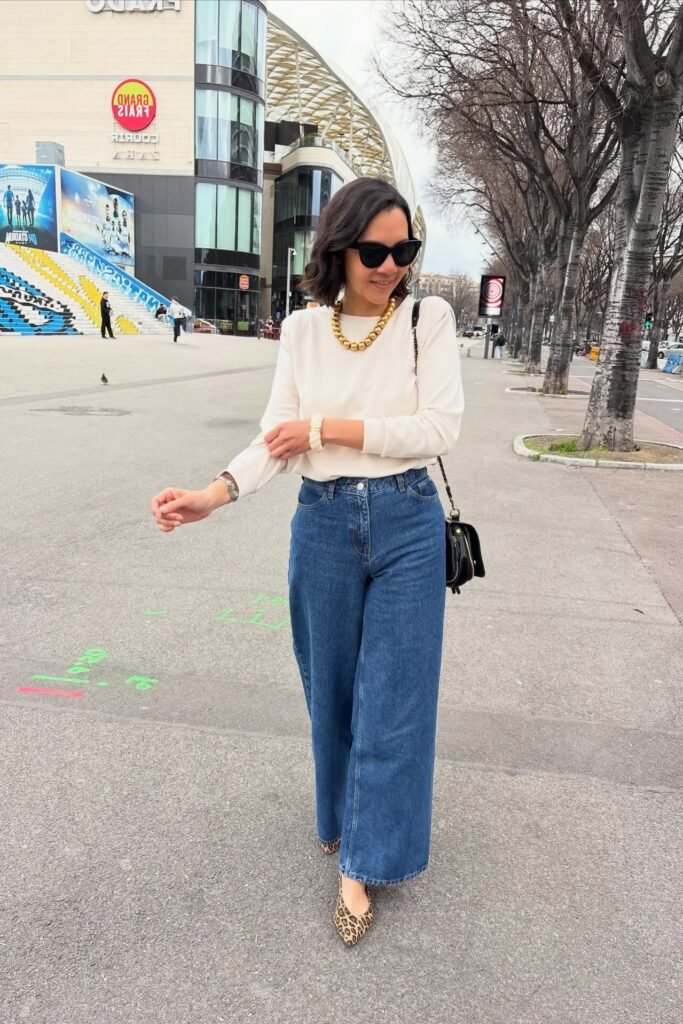 Cream Long-Sleeve Blouse + Classic Blue High-Waisted Jeans + Leopard Print Pointed Flats
