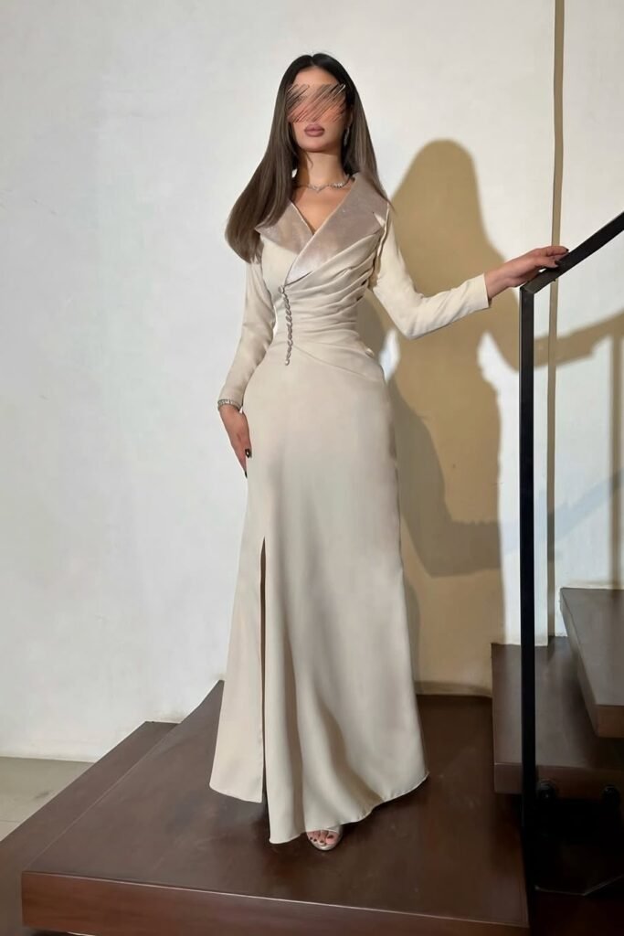 Cream Long-Sleeve Wrap Gown + Champagne Velvet Lapels + Side Slit + Silver Strappy Heels