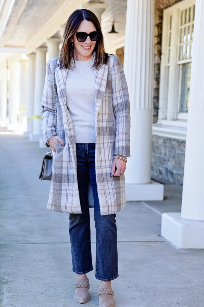 Cream Mock-Neck Sweater + Blue Straight-Leg Jeans + Plaid Overcoat + Braided Tan Mules