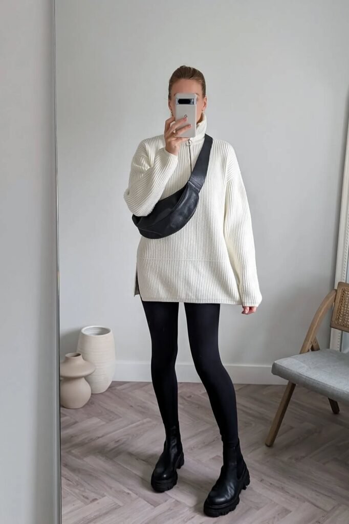 Cream Oversized Ribbed Turtleneck Sweater + Black Leggings + Black Chunky Chelsea Boots