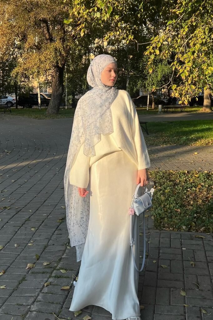 Cream Oversized Sweater + White Satin Maxi Skirt + Blue Floral Hijab