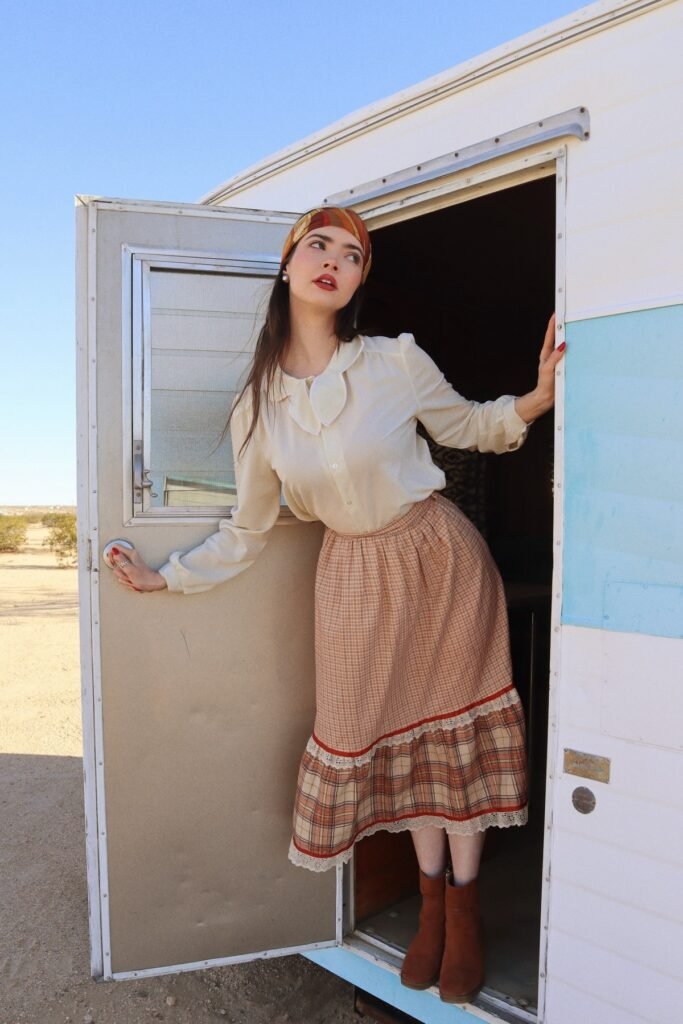 Cream Peter Pan Collar Blouse + Plaid Ruffle Trim Midi Skirt + Brown Suede Ankle Boots