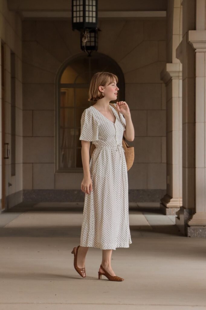 Cream Polka-Dot Midi Dress + Brown Croc-Embossed Slingback Heels