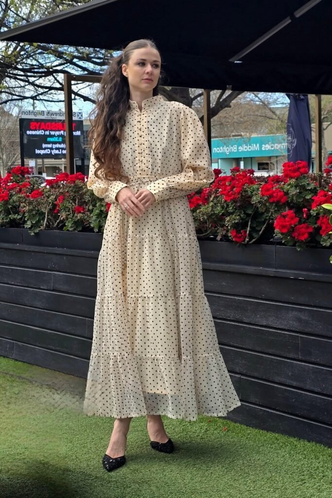 Cream Polka-Dot Tiered Maxi Dress + High-Neck Puff Sleeves + Black Embellished Flats