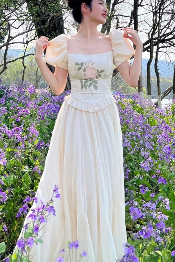 Cream Puff-Sleeve Maxi Dress with Floral Detail + Purple Wildflower Field