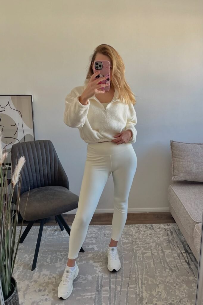 Cream Quarter-Zip Fleece Pullover + Off-White High-Waisted Leggings + White Athletic Sneakers