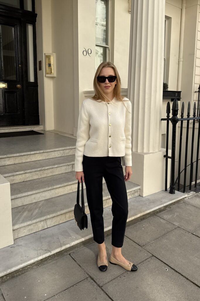 Cream Ribbed Cardigan with Gold Buttons + Black Cropped Trousers + Two-Tone Ballet Flats