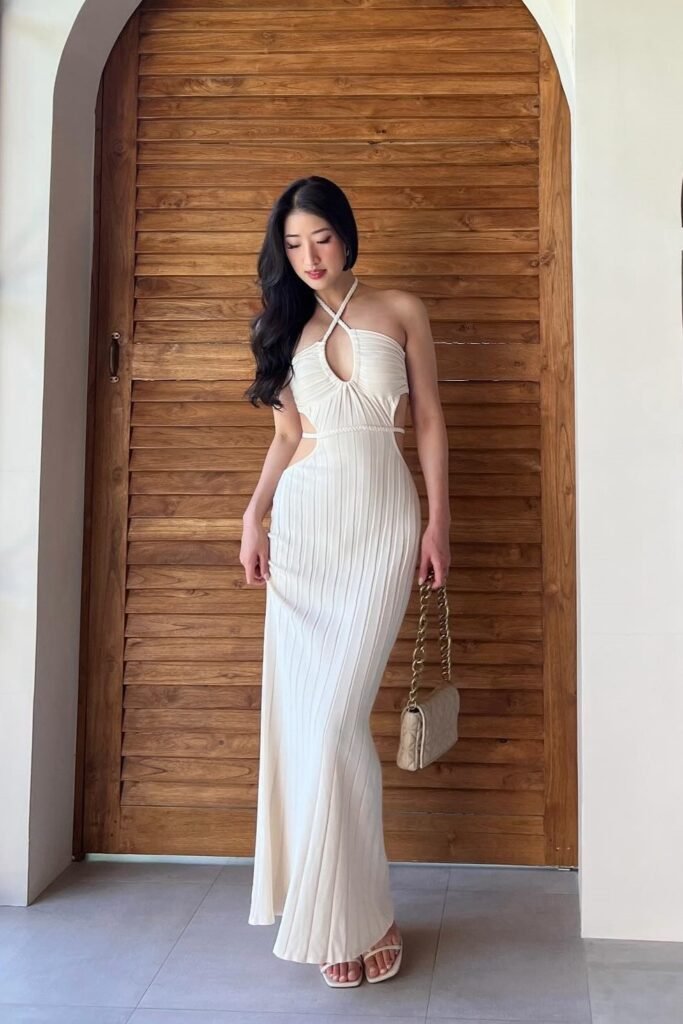 Cream Ribbed Cut-Out Maxi Dress + White Strappy Sandals + Gold Chain Handbag