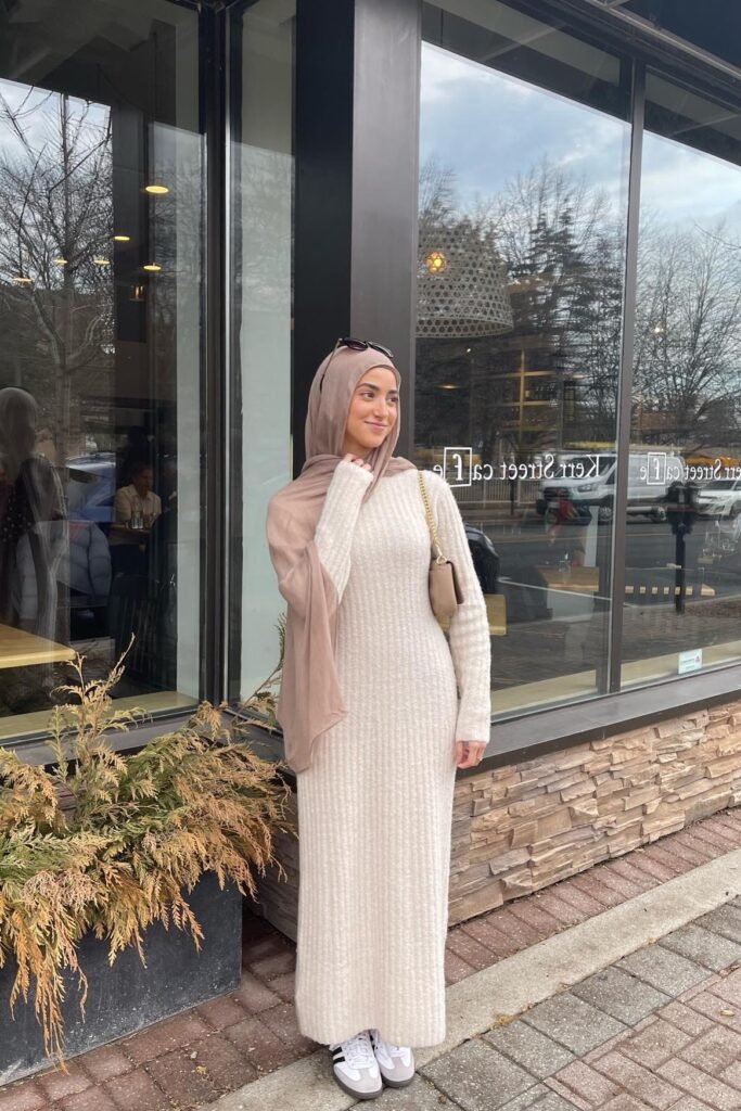 Cream Ribbed Knit Maxi Dress + Taupe Hijab + Black and White Sneakers