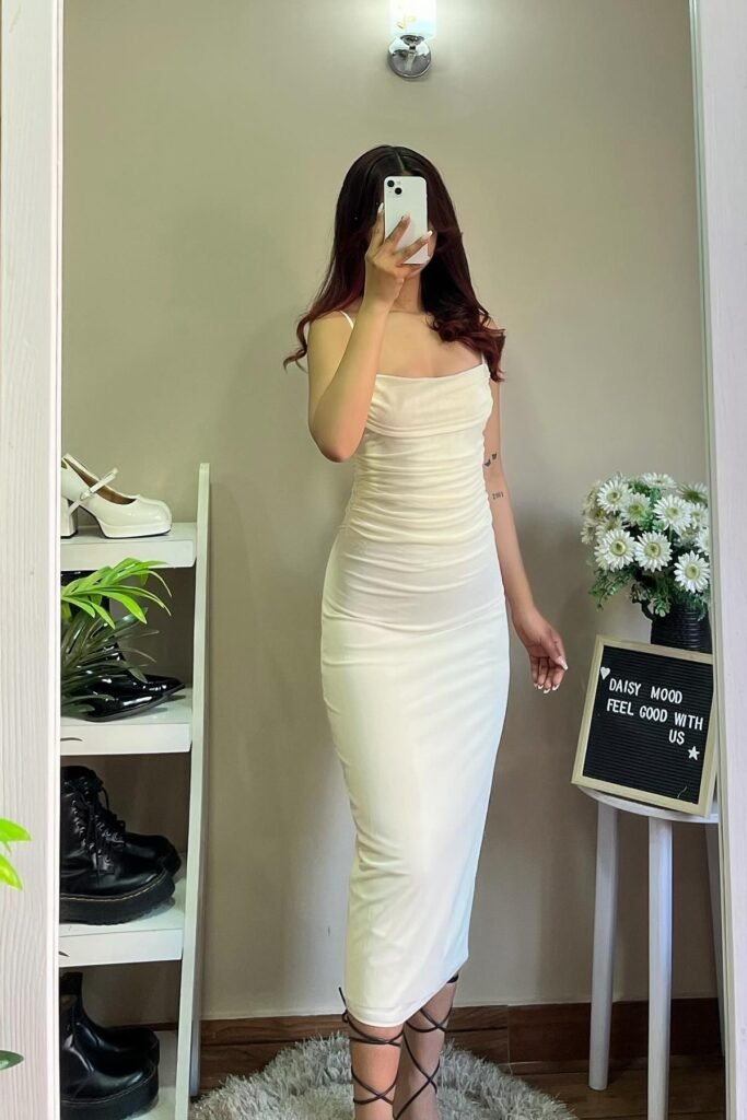 Cream Ruched Cowl-Neck Slip Maxi Dress + Black Strappy Lace-Up Heels