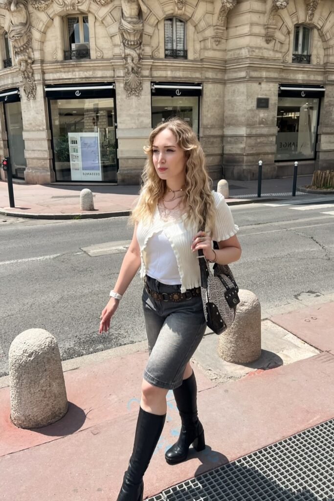 Cream Ruffle-Trim Cardigan + Grey Faded Denim Long Shorts + Black Knee-High Heeled Boots