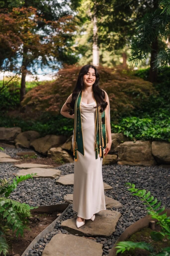 Cream Satin Cowl-Neck Maxi Dress + Green Graduation Stole + White Pointed-Toe Pumps