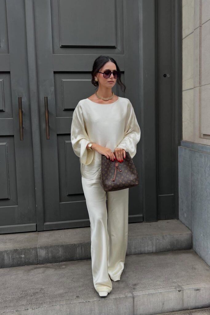 Cream Silk Blouse + Matching Cream Wide-Leg Trousers + Pointed White Heels