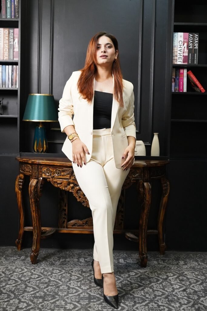 Cream Slim-Fit Power Suit + Black Sweetheart Bodysuit + Black Pointed Heels