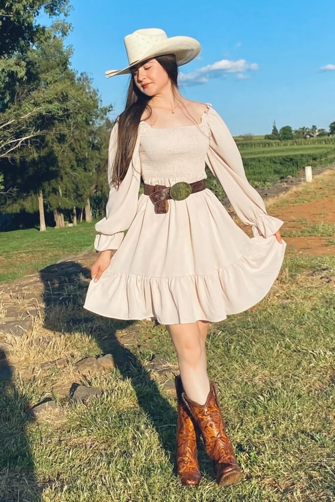 Cream Smocked Ruffle Dress + Brown Leather Statement Belt + Tooled Brown Cowboy Boots