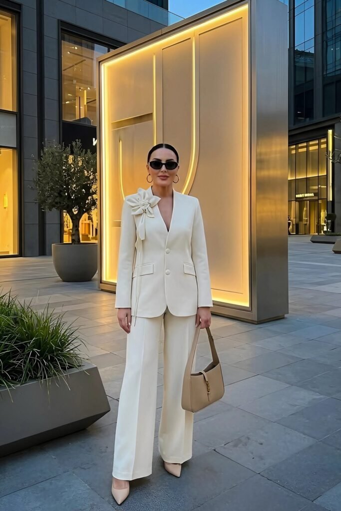 Cream Structured Blazer with Floral Detail + Cream Wide-Leg Trousers + Beige Pointed Heels