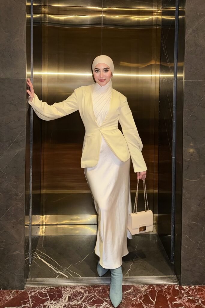 Cream Tailored Blazer + White Satin Maxi Dress + Light Blue Pointed-Toe Boots