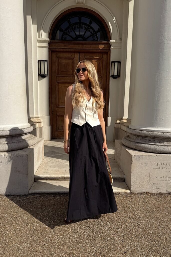 Cream Tailored Waistcoat + Black A-Line Maxi Skirt + Brown Leather Sandals