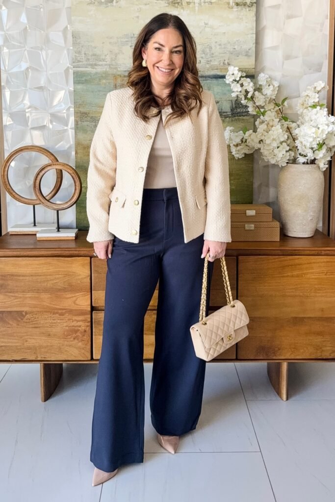Cream Textured Blazer + Beige Top + Navy Blue Wide-Leg Trousers + Nude Pointed-Toe Heels