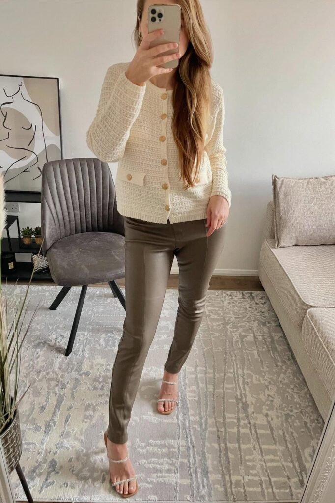 Cream Textured Button-Up Cardigan + Taupe Faux-Leather Trousers + Silver Strappy Sandals
