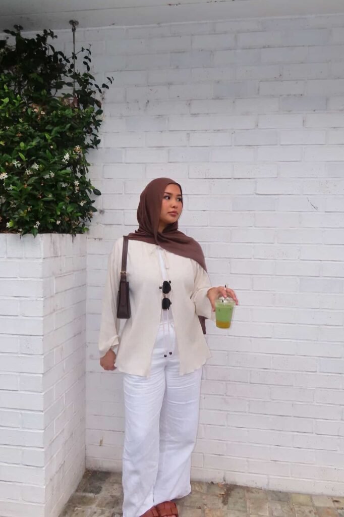 Cream Tie-Front Cardigan + White Wide-Leg Trousers + Brown Hijab