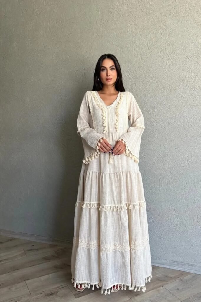 Cream Tiered Maxi Dress with Tassel Trim + Neutral Heeled Sandals