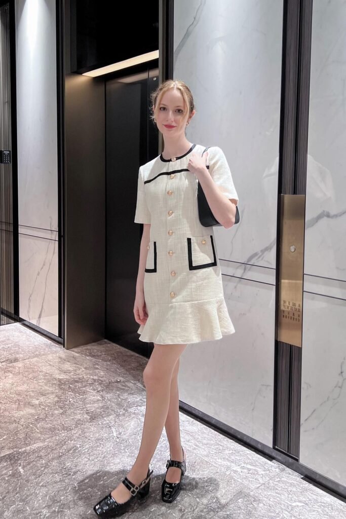 Cream Tweed Mini Dress with Black Trim + Black Shoulder Bag + Black Mary Jane Heels