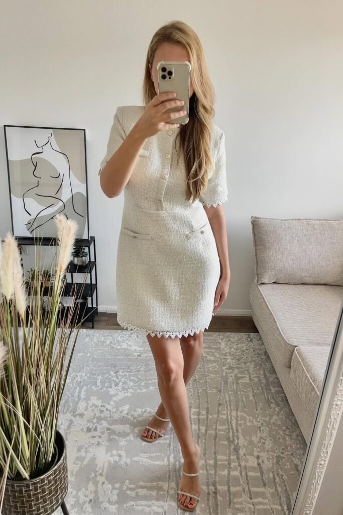 Cream Tweed Mini Dress with White Lace Trim + Silver Strappy Sandals