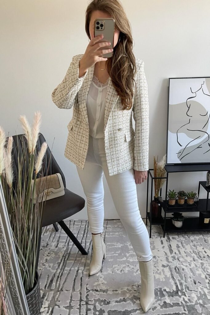 Cream and Gold Tweed Blazer + White Lace-Trim Camisole + White Skinny Jeans + Off-White Pointed Toe Boots