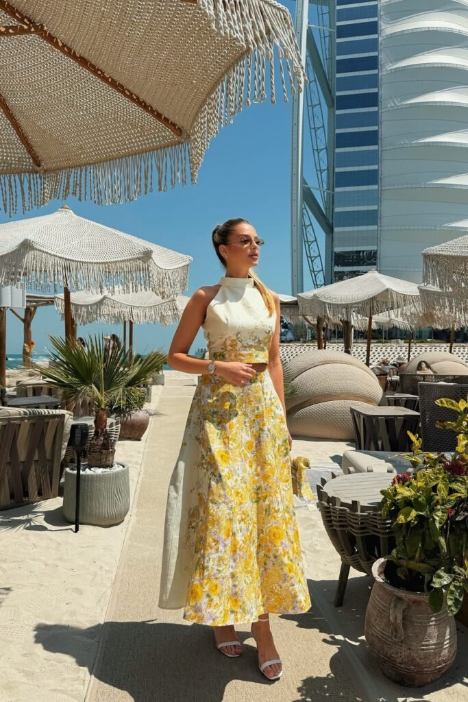 Cream and Yellow Floral Halter Top + Matching Maxi Skirt + White Strappy Sandals