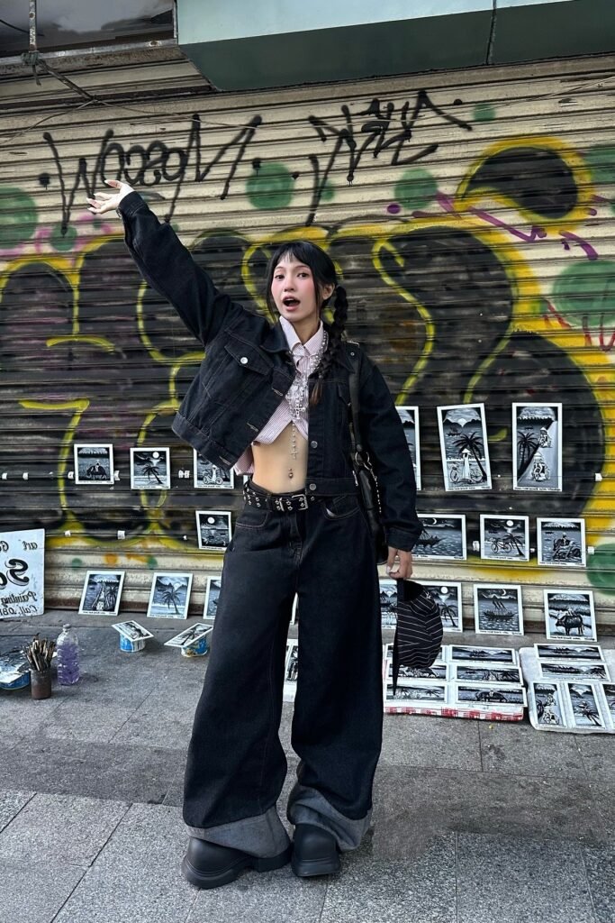 Cropped Black Denim Jacket + Oversized Black Denim Jeans + Black Chunky Boots