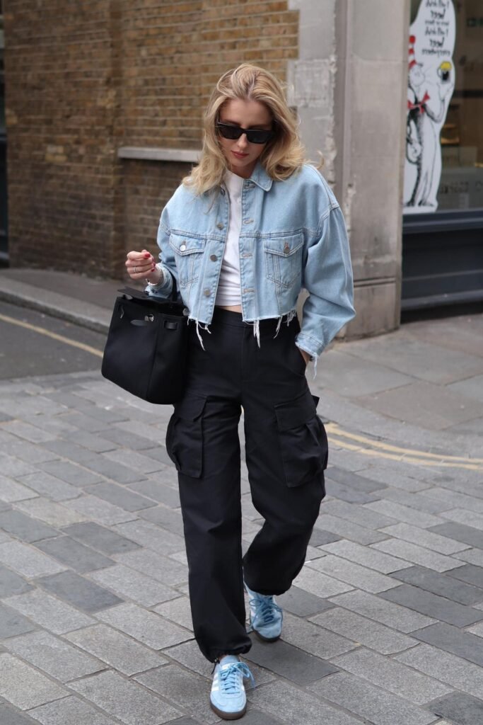 Cropped Denim Jacket + White T-Shirt + Black Cargo Joggers + Light Blue Sneakers