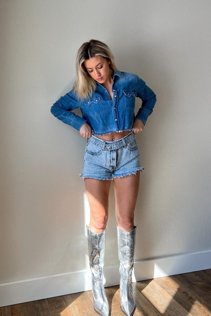 Cropped Denim Shirt + Light Wash Frayed Denim Shorts + Silver Metallic Boots