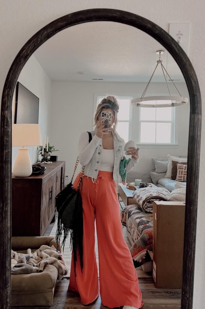 Cropped Denim Vest + White Long-Sleeve Top + Coral Wide-Leg Lounge Pants