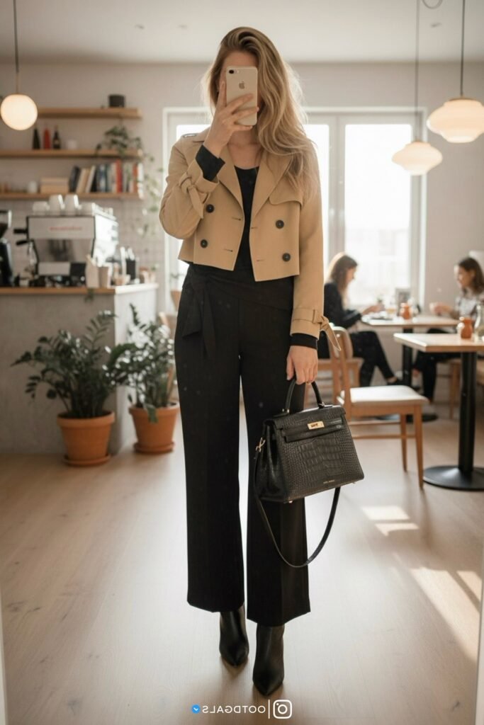 Cropped Khaki Trench Jacket + Black Wide-Leg Jumpsuit + Black Pointed Boots
