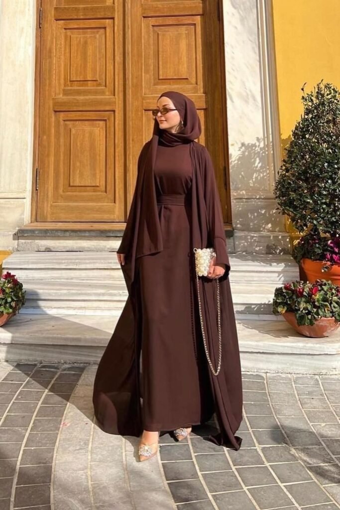 Dark Brown Abaya & Inner Dress Set + Matching Brown Hijab + Pearl Embellished Clutch