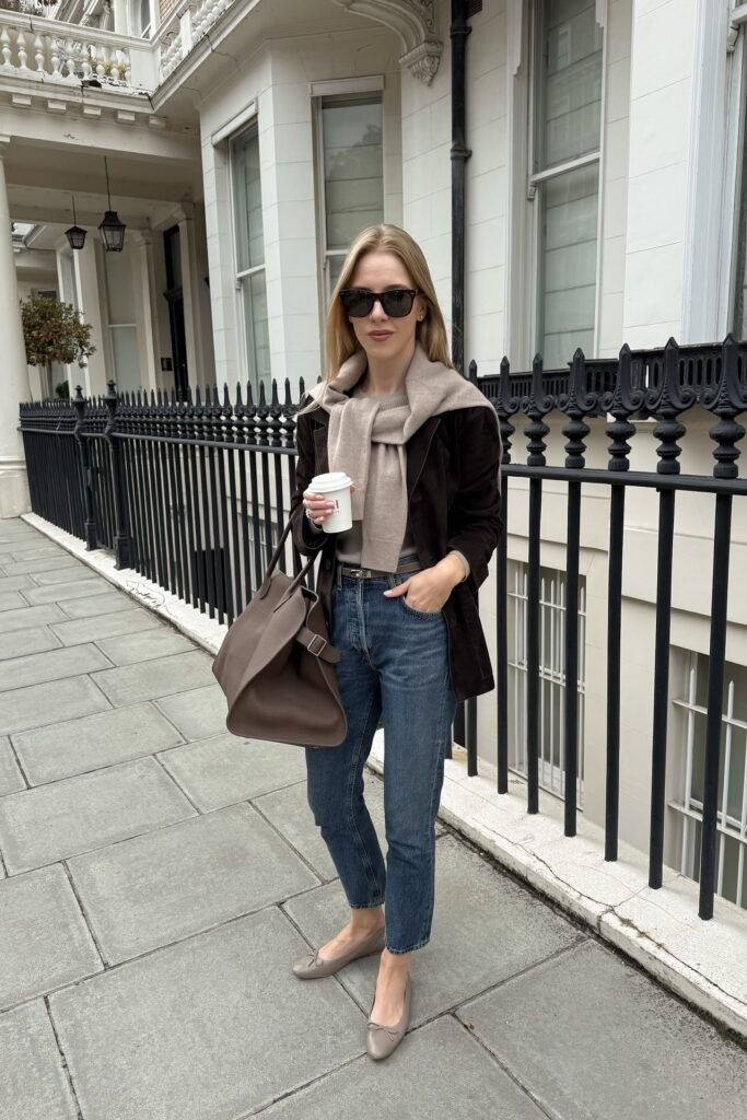 Dark Brown Blazer with Taupe Sweater Cape + Dark Wash Straight Jeans + Taupe Ballet Flats