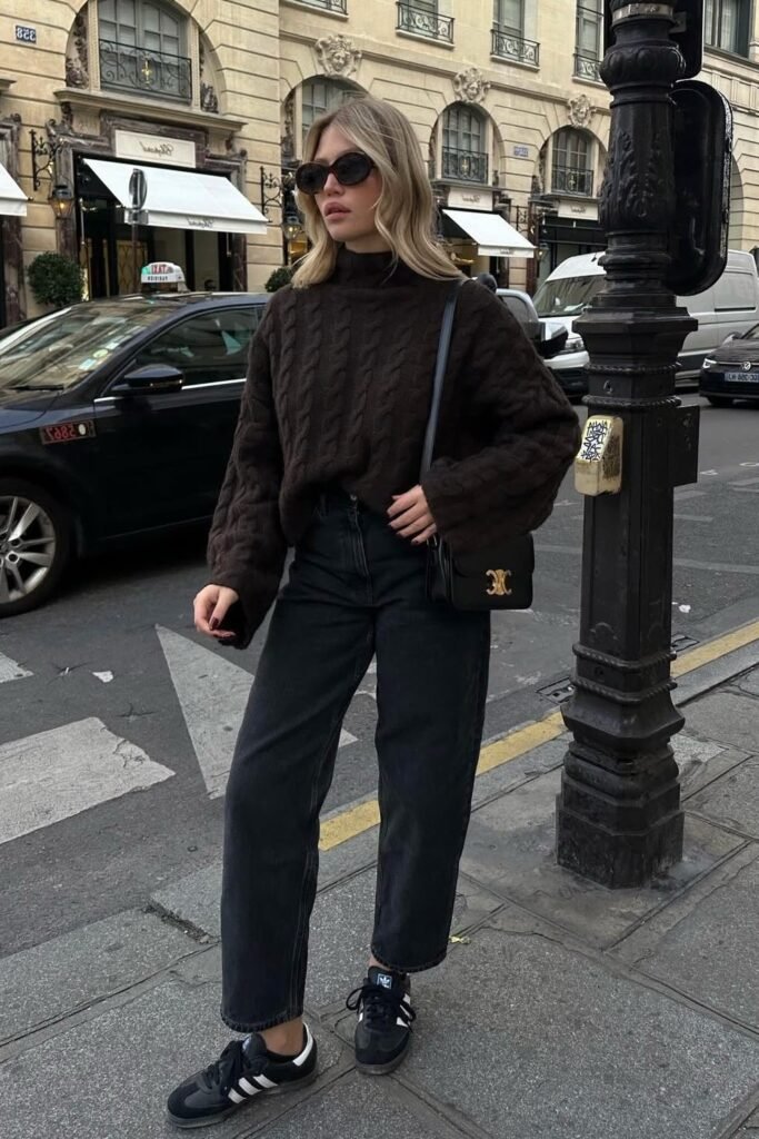 Dark Brown Cable Knit Sweater + Charcoal Grey Straight-Leg Jeans + Black and White Sneakers
