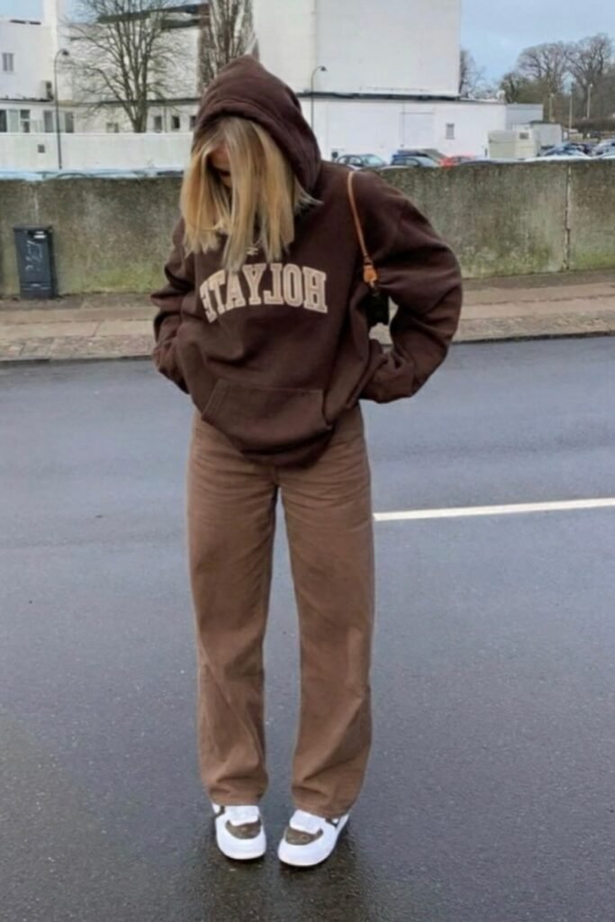 Dark Brown Collegiate Hoodie + Tan Wide-leg Trousers + Brown and White Sneakers