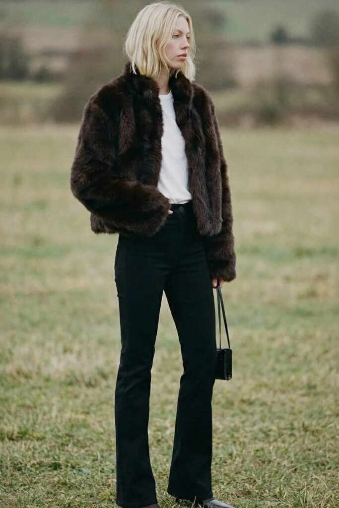 Dark Brown Faux Fur Jacket + White T-shirt + Black Bootcut Jeans + Black Pointed Shoes