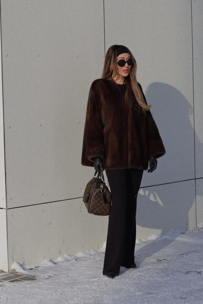 Dark Brown Fur Coat + Black Turtleneck + Black Flare Trousers + Black Pointed Boots