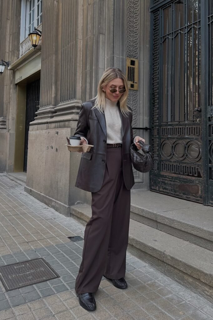 Dark Brown Leather Blazer + Cream Turtleneck + Dark Brown Wide-Leg Trousers + Black Loafers