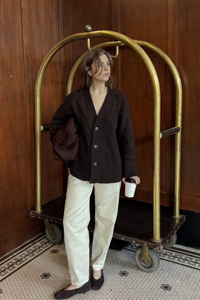 Dark Brown Oversized Cardigan + Off-White Straight-Leg Trousers + Brown Ballet Flats