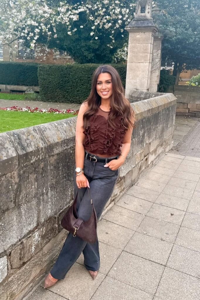 Dark Brown Ruffled Sleeveless Top + Dark Grey Washed Flare Jeans + Dark Brown Leather Belt + Dark Brown Shoulder Bag