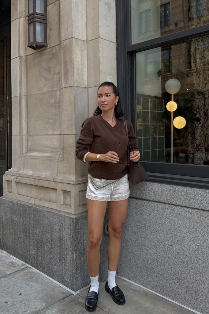 Dark Brown V-neck Sweater + White Lace-Trim Shorts + White Socks + Black Loafers