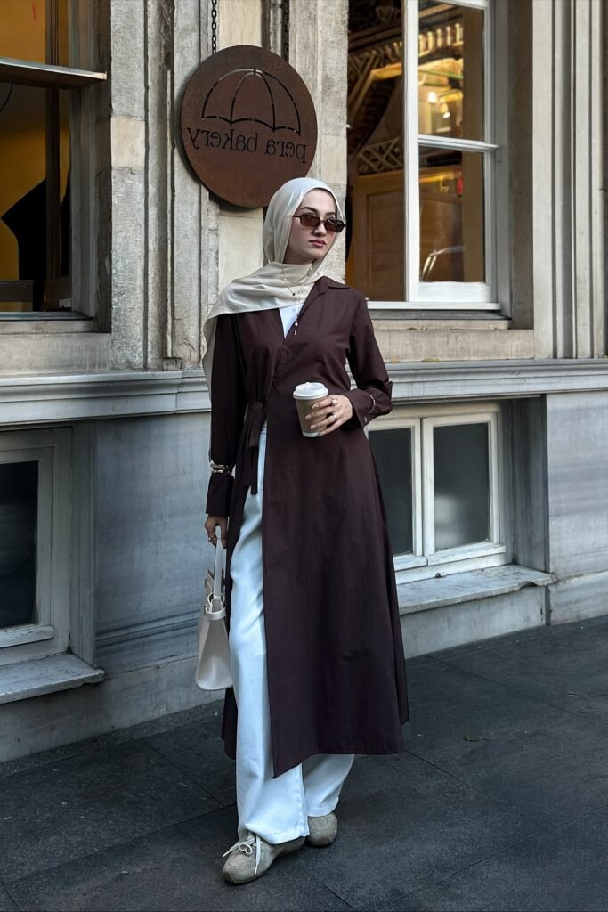 Dark Brown Wrap Tunic + White Wide-Leg Pants + Beige Sneakers