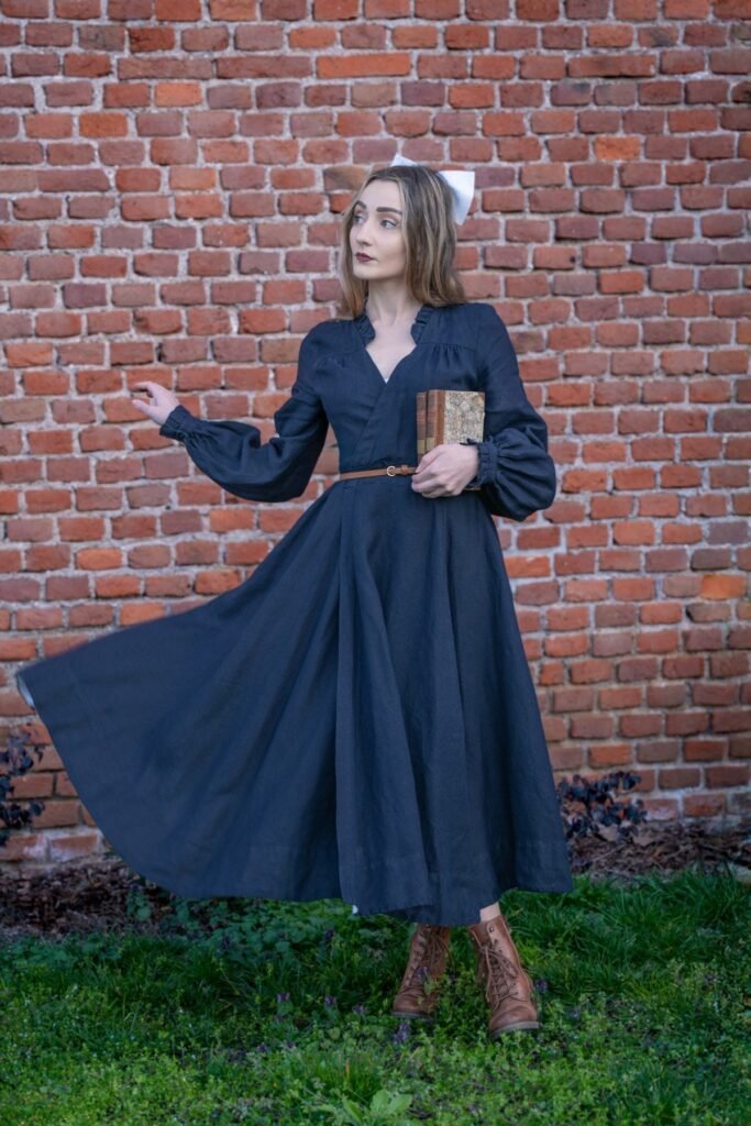 Dark Charcoal Linen Wrap Dress + Brown Skinny Belt + Brown Lace-Up Boots