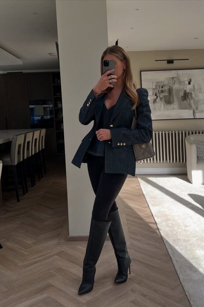 Dark Denim Blazer + Black Leggings + Black Stiletto Pointed-Toe Boots