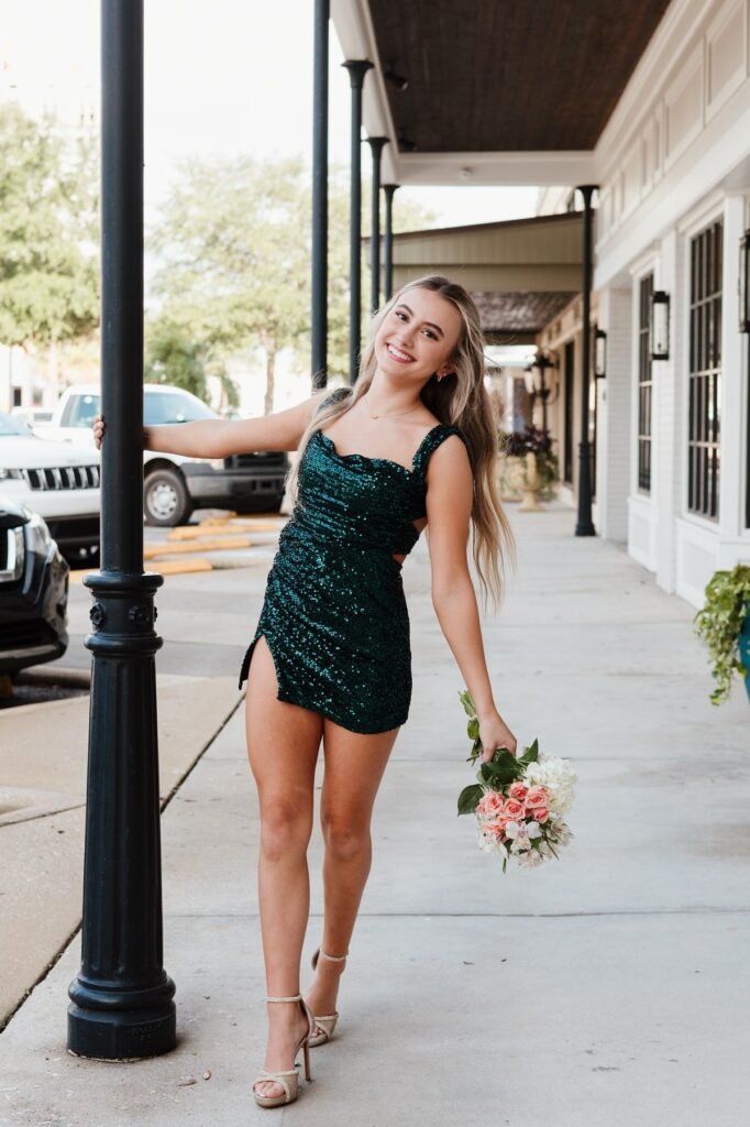 Dark Emerald Green Sequin Cut-Out Mini Dress + Gold Sparkly Stiletto Heels