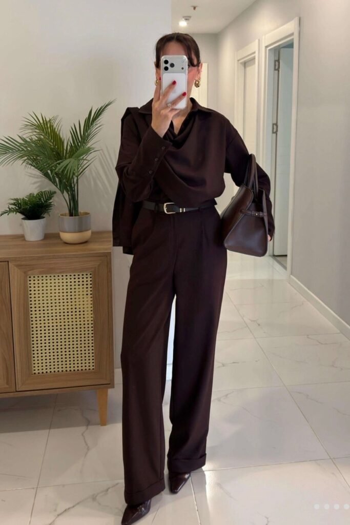 Dark Espresso Button-Down Shirt + Matching Wide-Leg Trousers + Black Leather Belt + Chocolate Brown Pointed Boots + Brown Leather Satchel